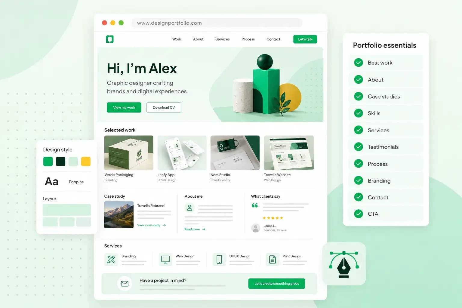 Graphic design portfolio website mockup with project examples, style guide, case studies, services, testimonials, and a checklist of 10 portfolio essentials.