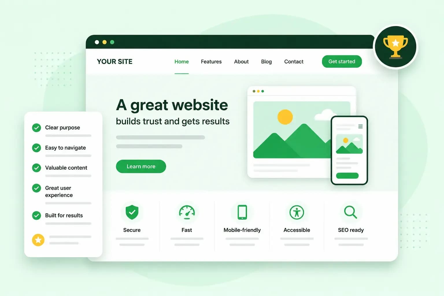 Illustration of a great website featuring clear navigation, responsive design, strong security, fast performance, accessibility, and SEO.