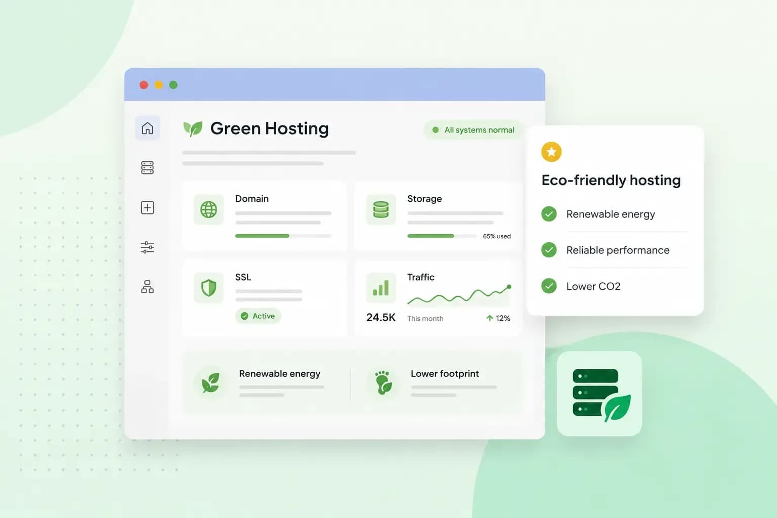 Green hosting dashboard with renewable energy, lower carbon footprint, SSL, storage, and website performance features.