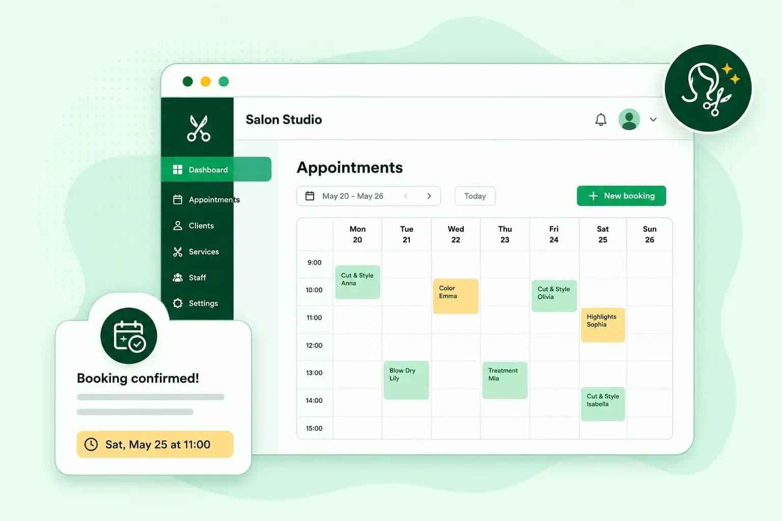 Hair salon booking system dashboard with weekly appointment calendar, client bookings, and booking confirmation.