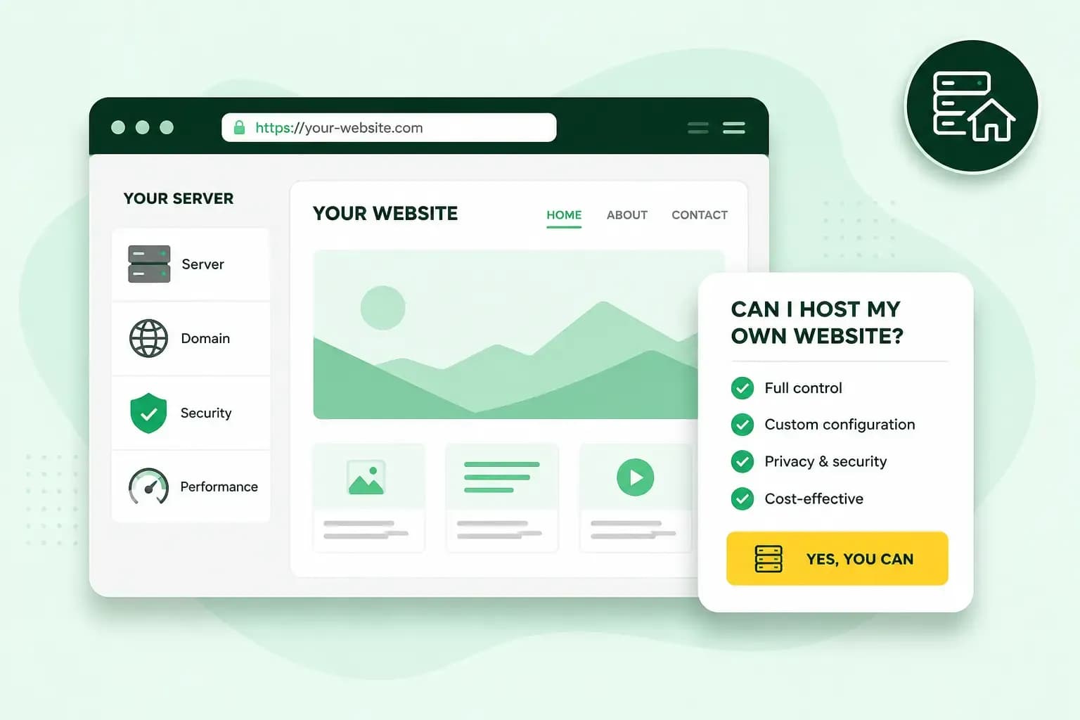 Illustration of a self-hosted website dashboard with server, domain, security, and performance controls.