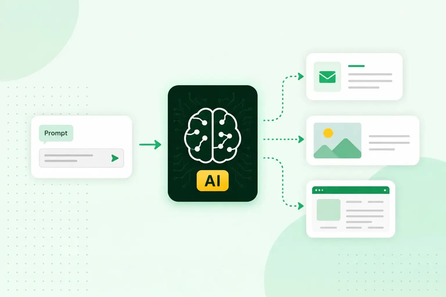 AI illustration showing a prompt entering a central AI model and generating email, image, and website content.