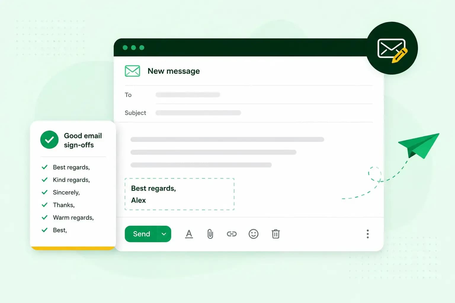 Illustration of an email composer highlighting a “Best regards” sign-off, with a list of common professional email endings and a send icon.