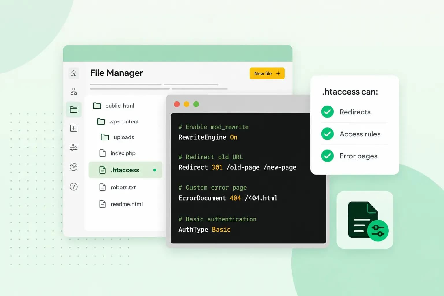 Illustration of a file manager highlighting a .htaccess file, with code examples for redirects, custom error pages, access rules, and authentication.