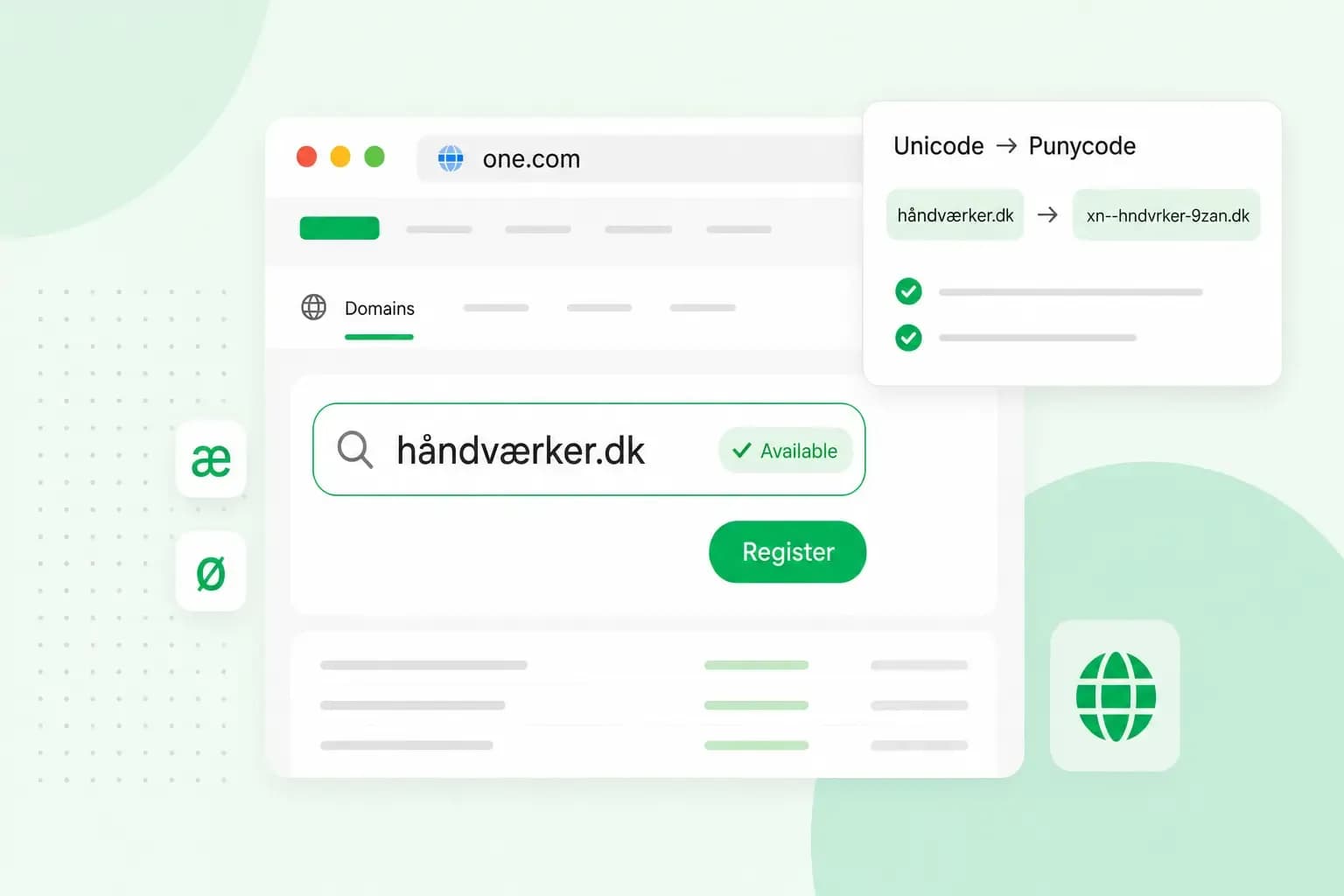 Illustration of a domain search showing it is available to register, next to a card converting the accented domain into its Punycode form.