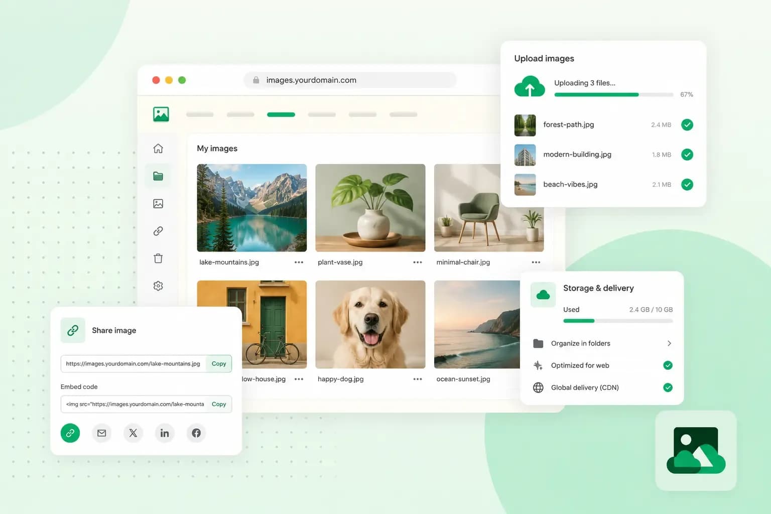 Illustration of an image hosting dashboard showing uploaded photos in a media library, an upload progress panel, and a storage and delivery card with CDN optimisation.