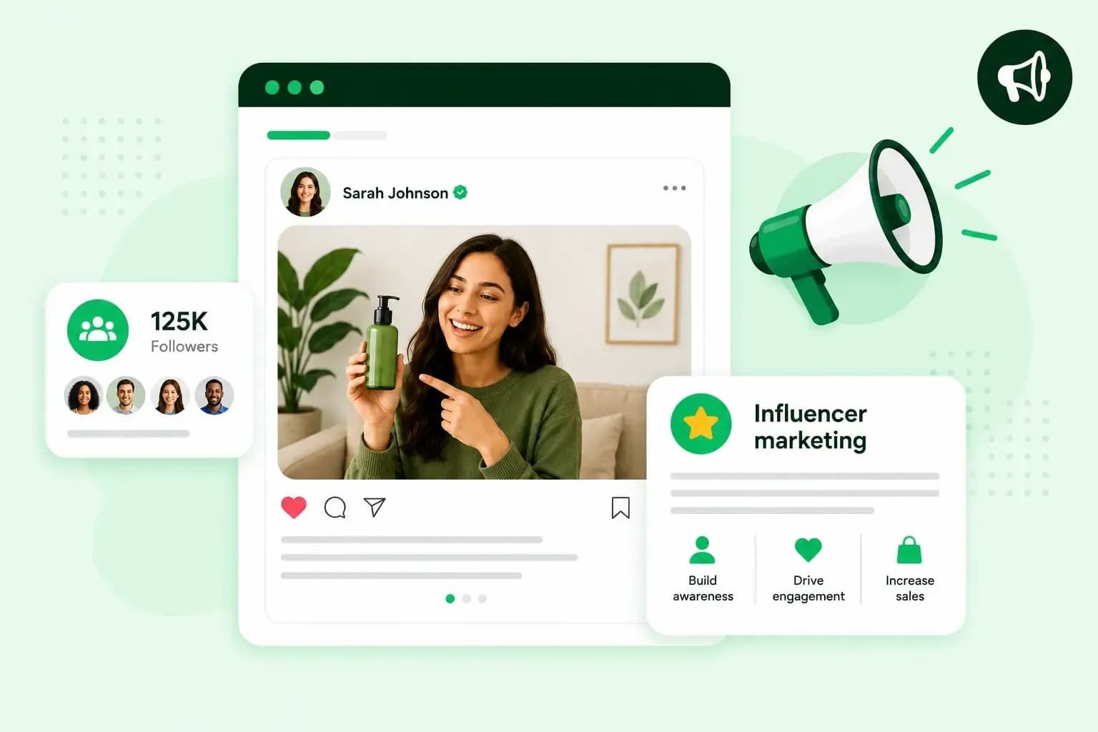 Illustration of an influencer's social media post showing a beauty product recommendation and follower count, next to a card explaining influencer marketing goals of building awareness, driving engagement, and increasing sales.