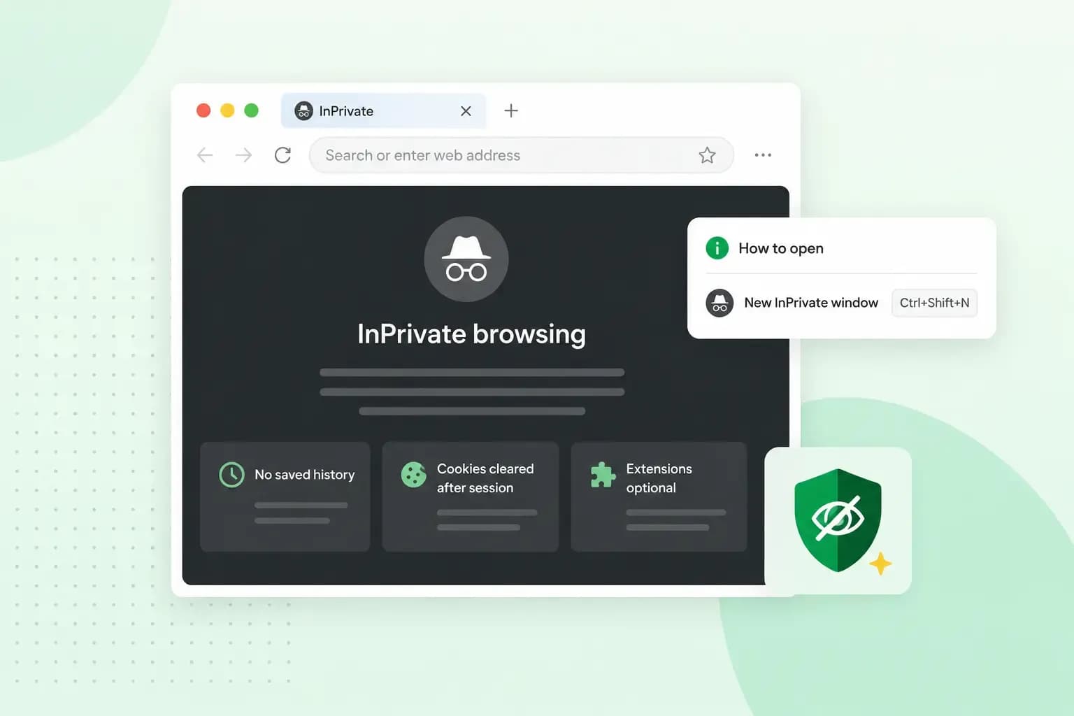 InPrivate browser window showing private browsing features, a privacy shield, and how to open a new InPrivate window.