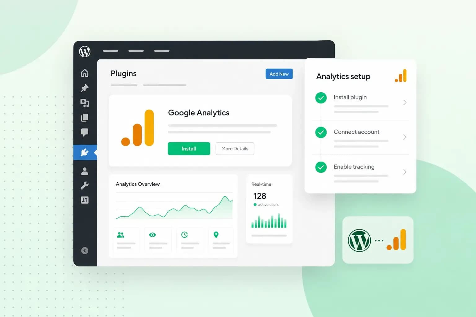 WordPress dashboard showing Google Analytics plugin installation and analytics setup steps with tracking data.