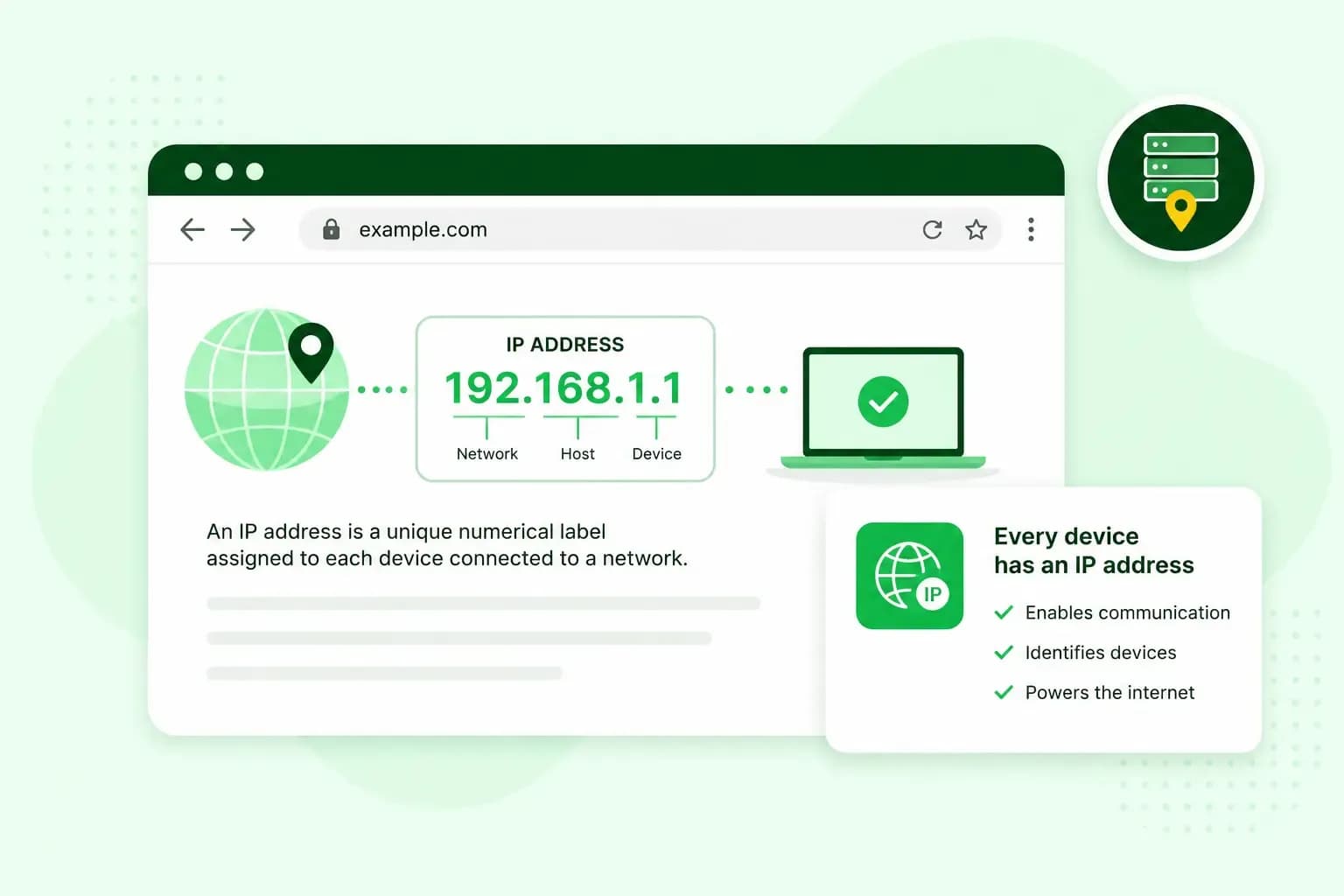 Illustration explaining an IP address, showing a globe connected to the IP address 192.168.1.1 and a device on a network.