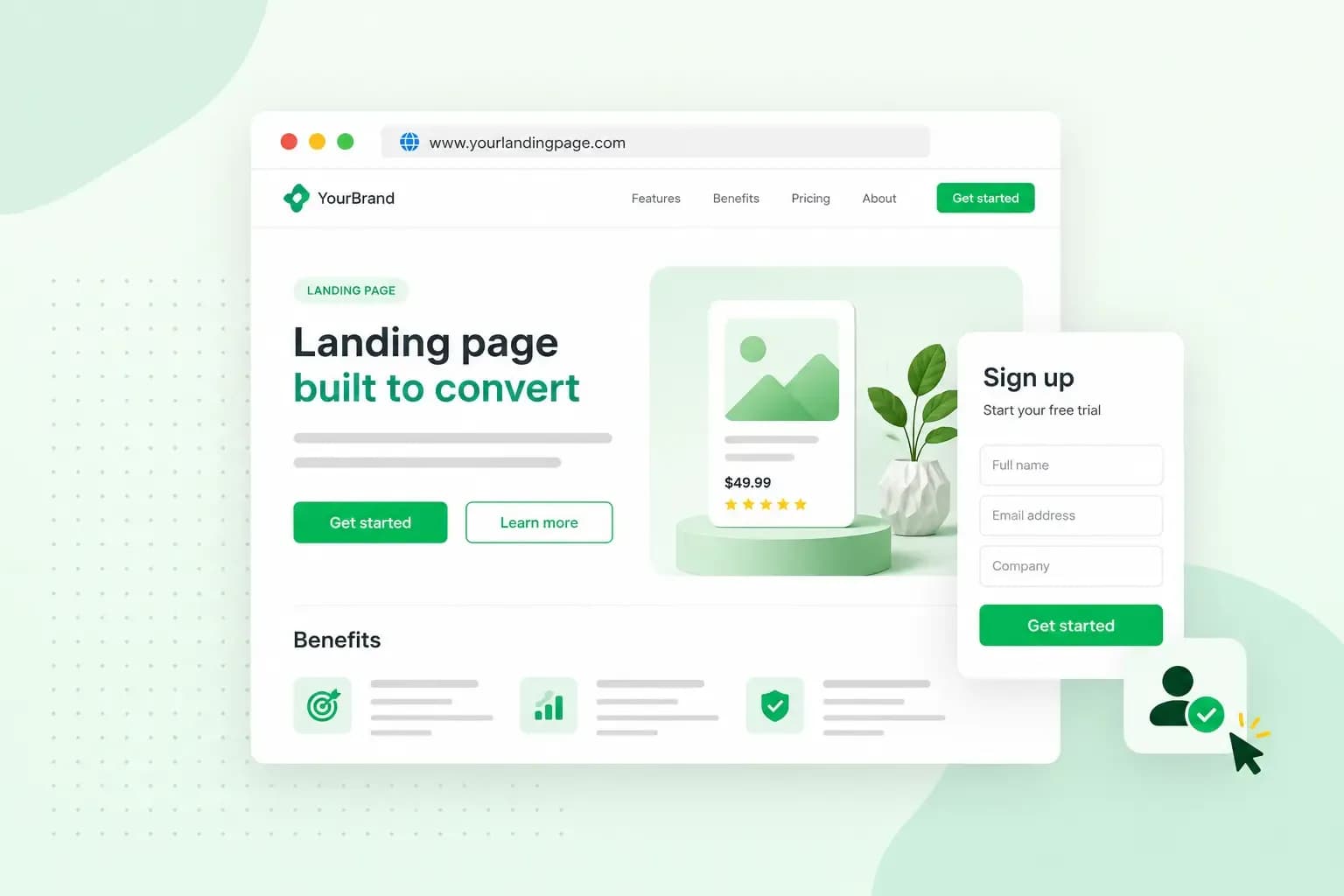 Illustration of a landing page with a clear call-to-action, benefits section, product feature area, and sign-up form designed to convert visitors.