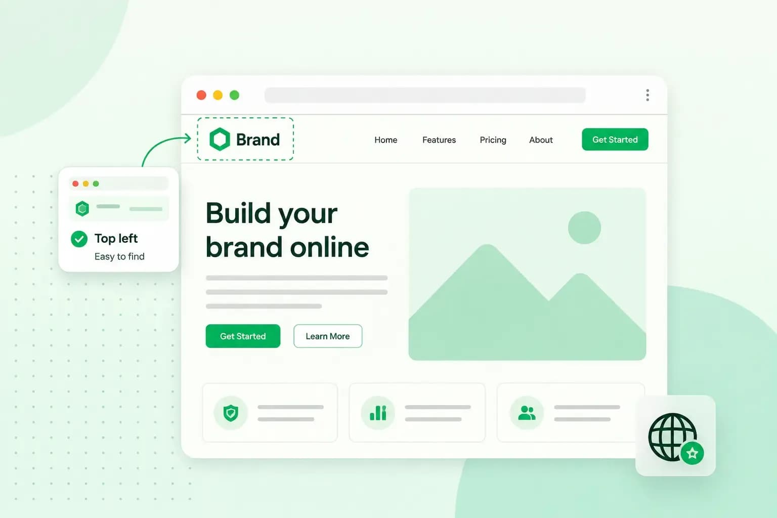 Website mockup showing a logo placed in the top-left corner of the header, highlighted with an arrow and “Top left – Easy to find” callout.