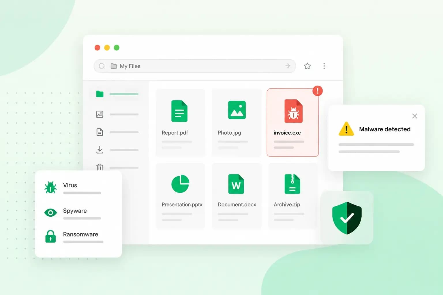 Malware warning in a file manager highlighting a suspicious executable file, with icons representing viruses, spyware, and ransomware.