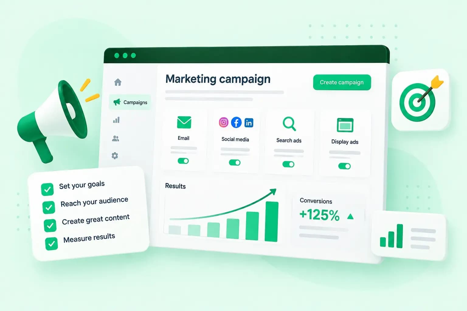 Illustration of a marketing campaign dashboard with multiple channels, campaign goals, and rising conversion results.