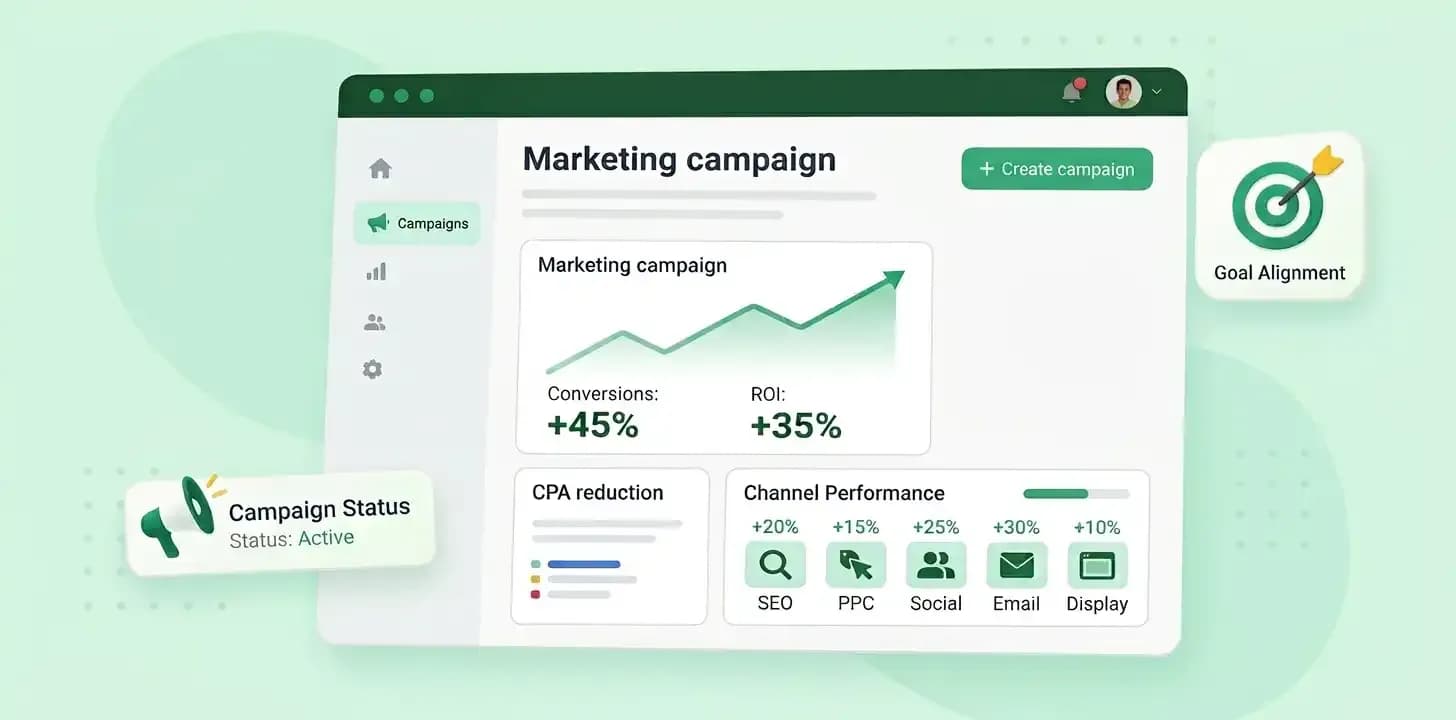 Marketing dashboard showing growth on different channels on a green background