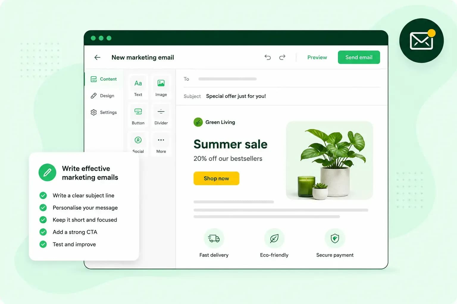 Illustration of a marketing email editor with a summer sale email preview and a checklist of tips for writing effective marketing emails.
