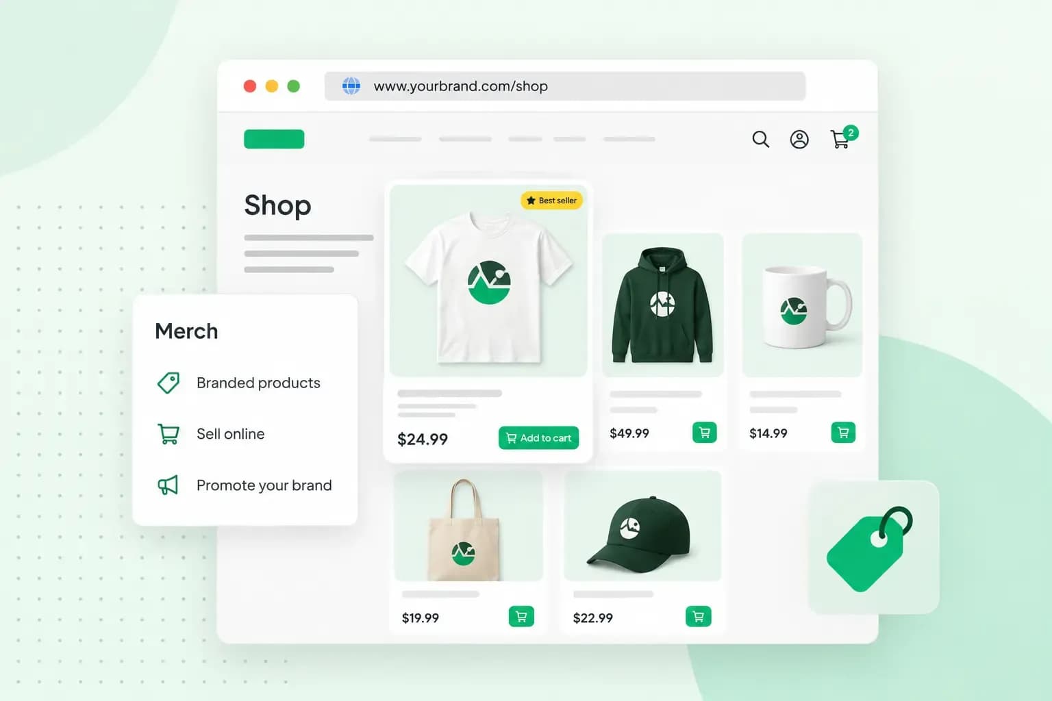Online shop displaying a range of branded tote bags in different colors and styles.