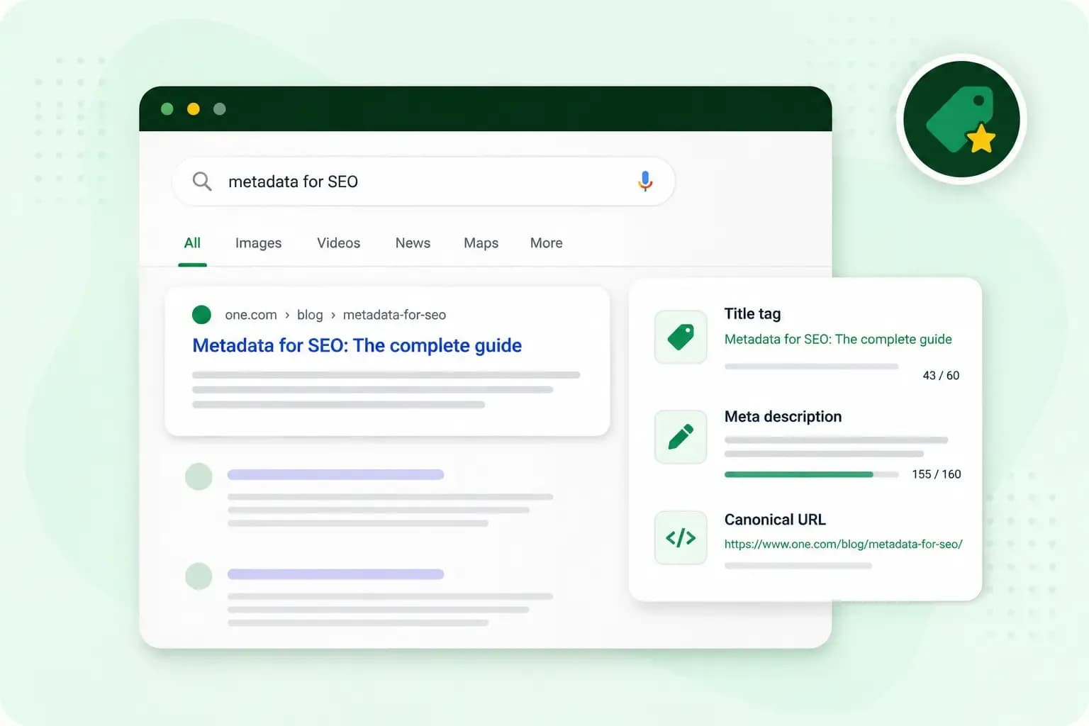 Illustration of SEO metadata showing a search result alongside title tag, meta description, and canonical URL fields.