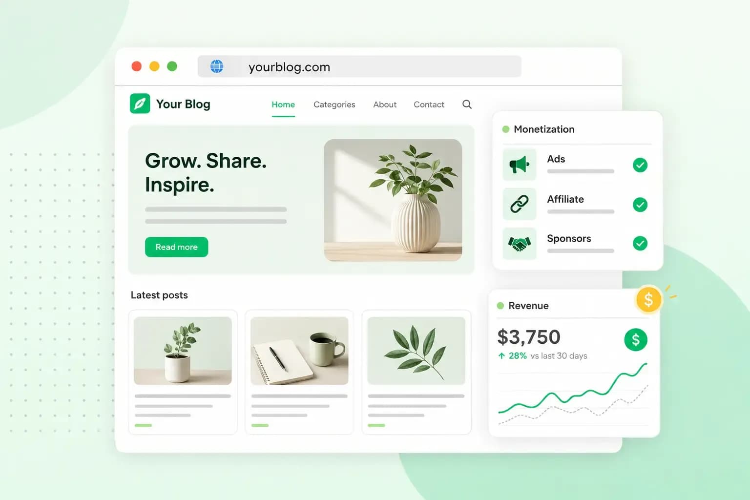 Blog website with monetization options for ads, affiliate marketing, and sponsors alongside a rising revenue chart.