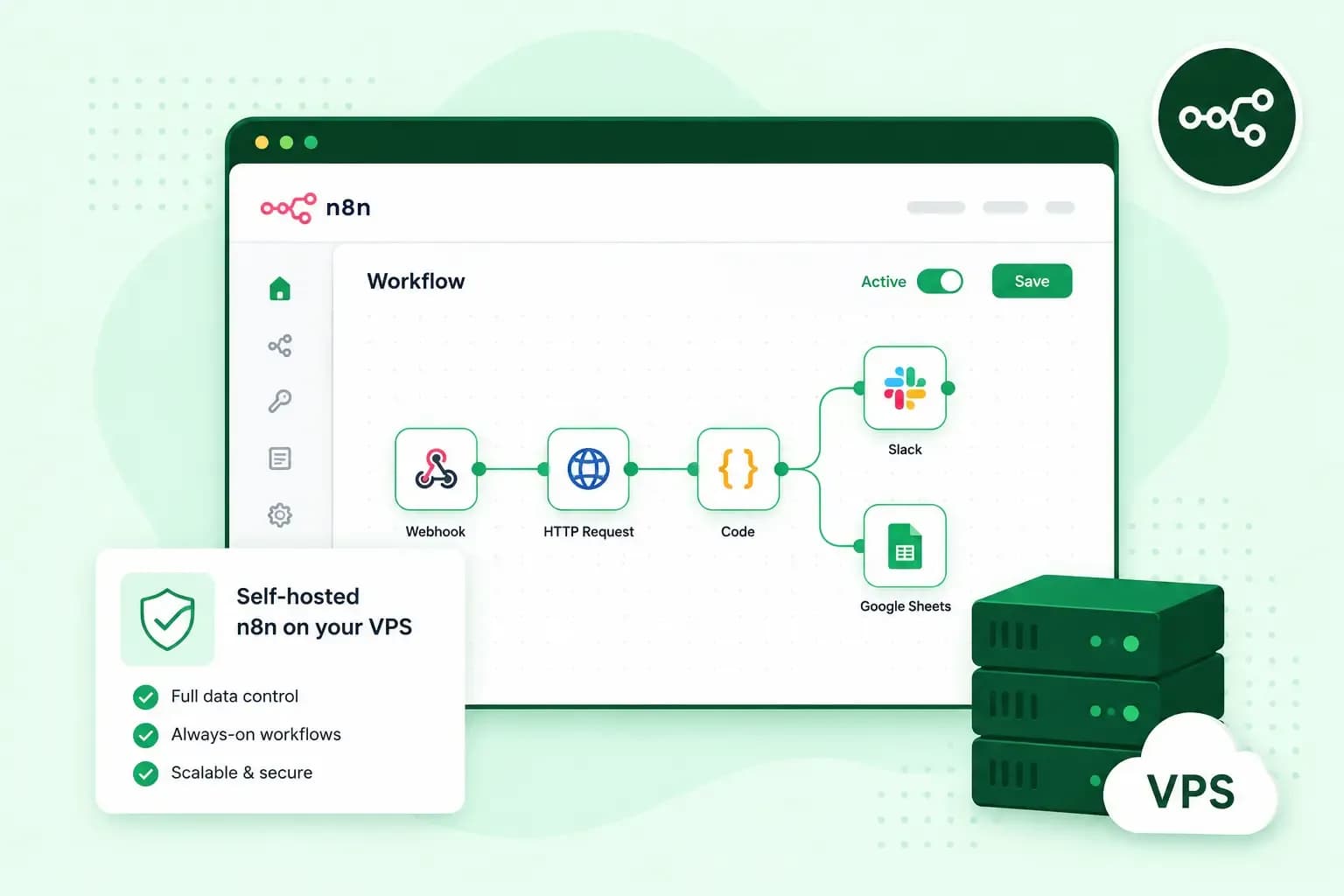 n8n workflow automation running on a self-hosted VPS, showing connected app nodes, server infrastructure, and workflow controls.