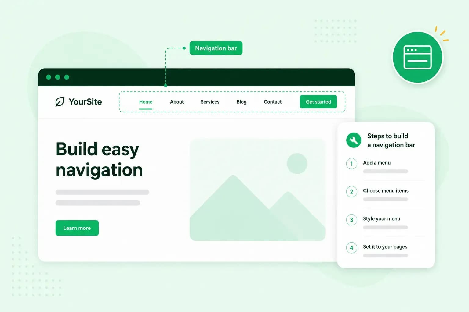 Illustration of a website with its navigation bar highlighted, showing menu links and a step-by-step card for building a navigation menu.