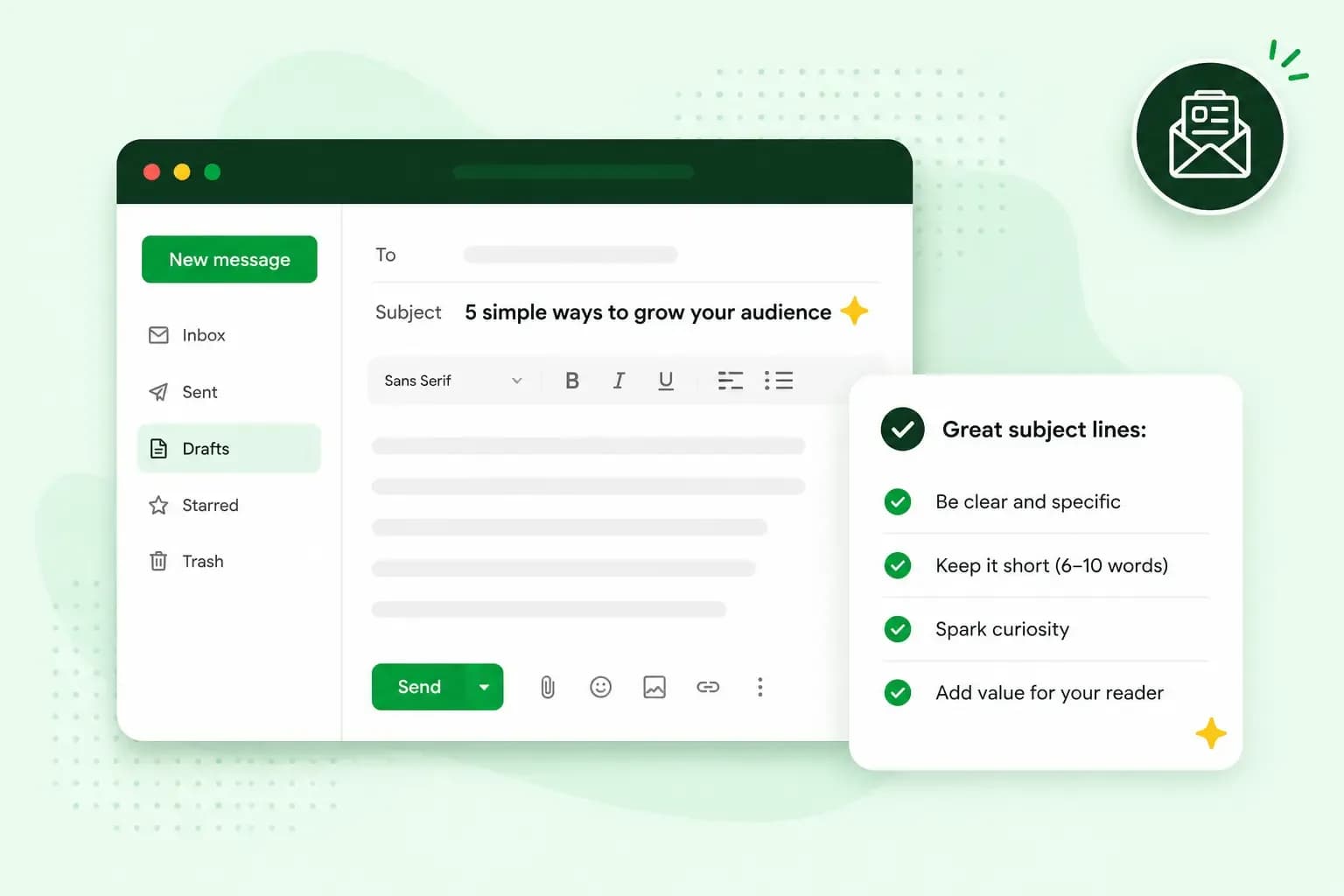 Newsletter email draft with a strong subject line and a checklist of tips for writing effective newsletter subject lines.