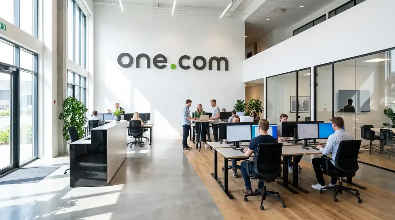 Bright, modern office environment with one.com logo on the wall