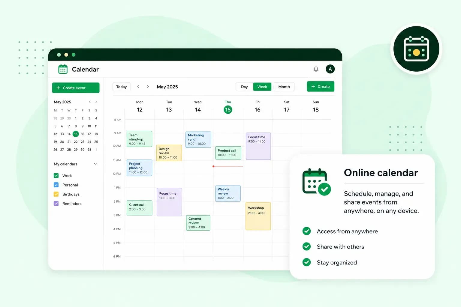 Online calendar interface showing a weekly schedule with events, sharing features, and calendar management tools.