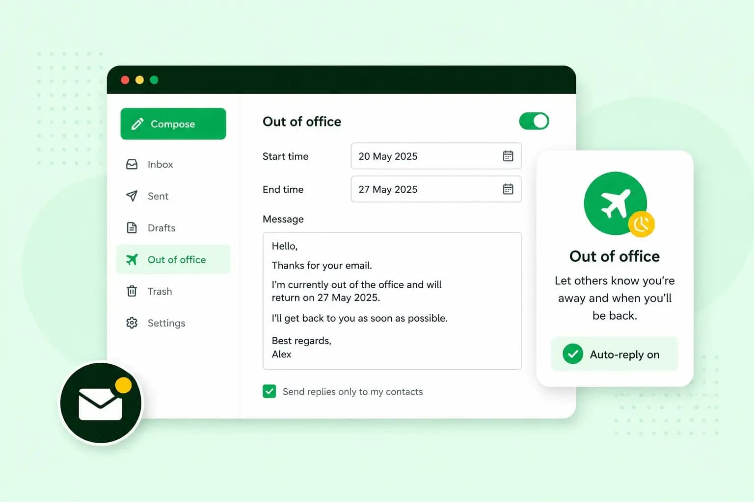 Illustration of an email out-of-office settings screen with dates, an automatic reply message, and auto-reply enabled.