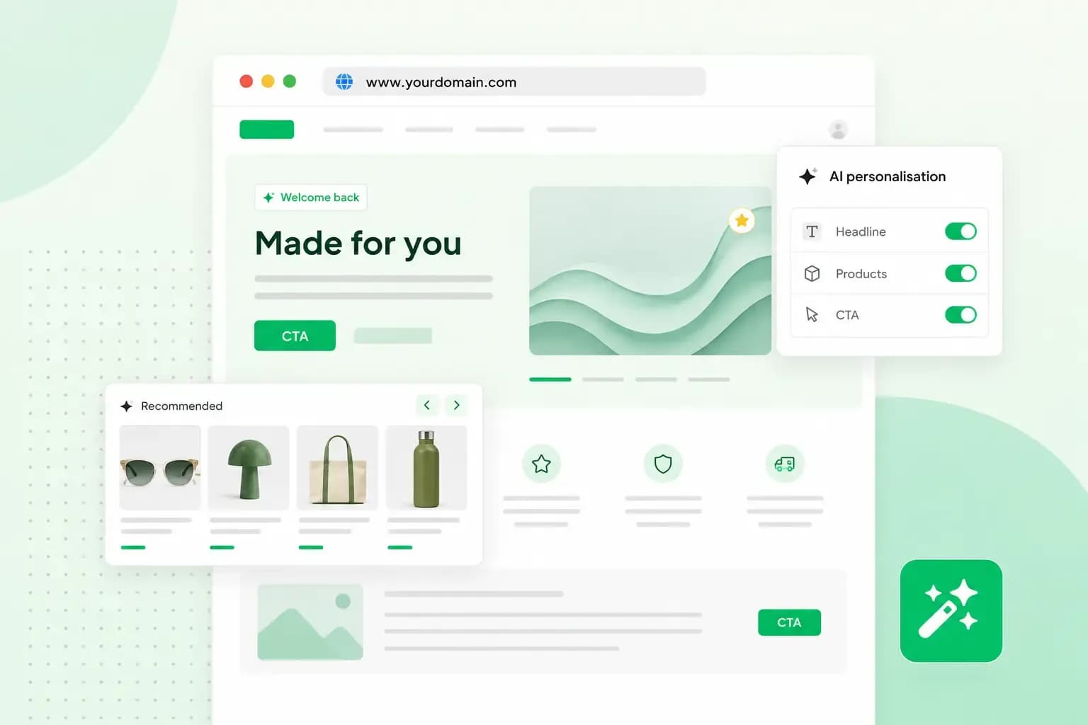 AI-powered website personalisation interface with tailored content, product recommendations, and adjustable headline, product, and CTA settings.