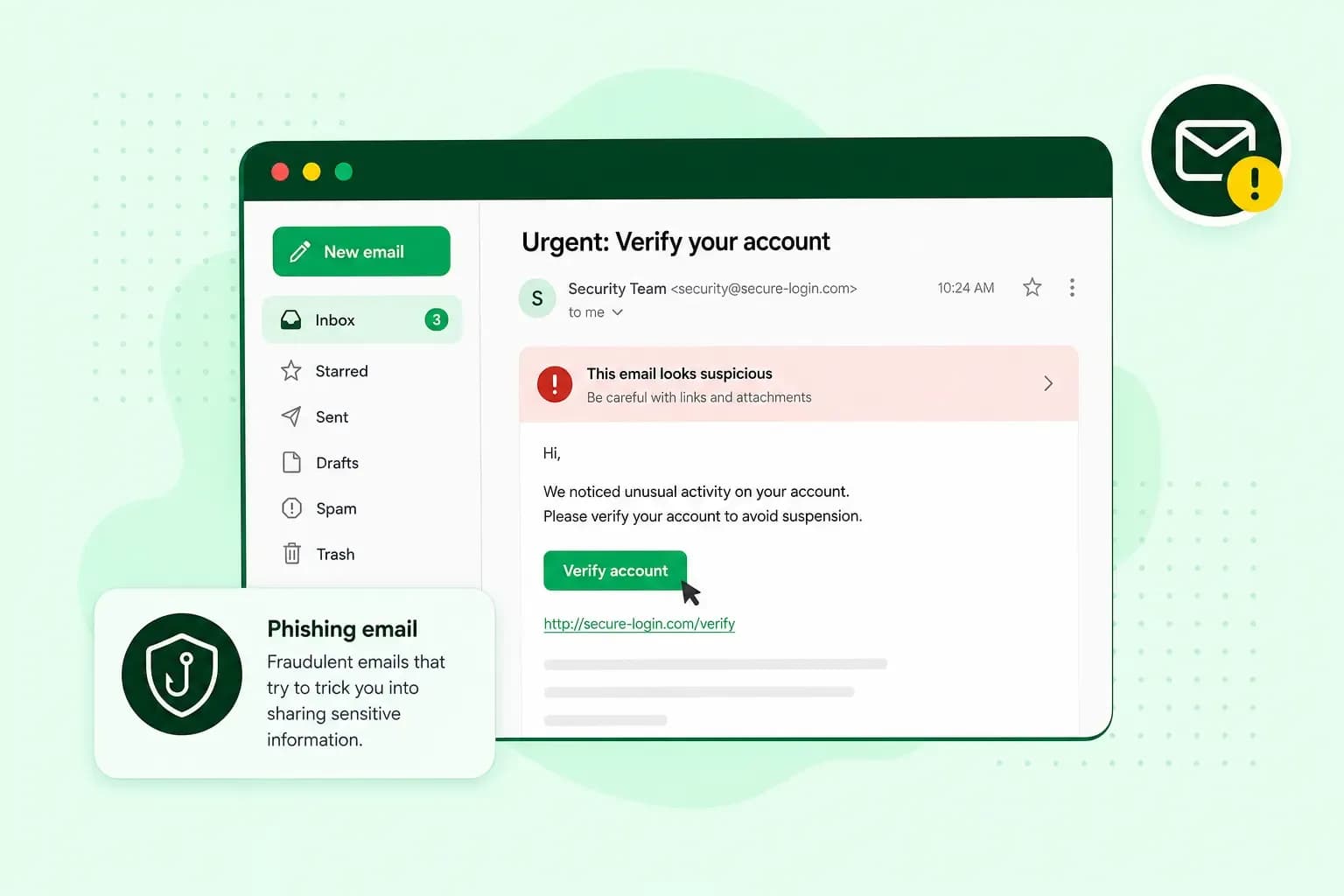 Illustration of a suspicious email inbox showing an urgent 'verify your account' message flagged as phishing, next to a card explaining that phishing emails try to trick people into sharing sensitive information.