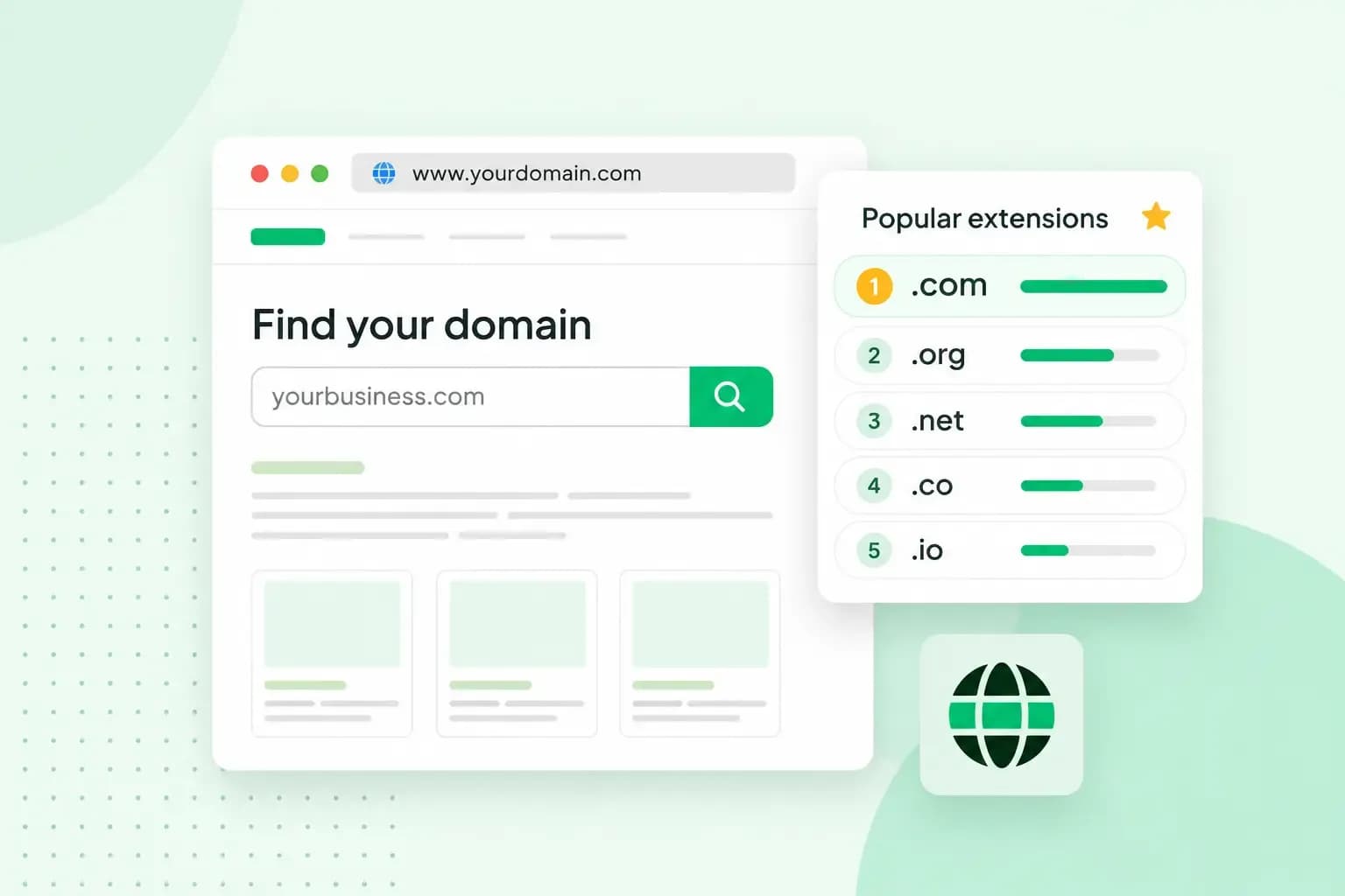 Illustration of a domain search page with a ranked list of popular domain extensions, including .com, .org, .net, .co, and .io.