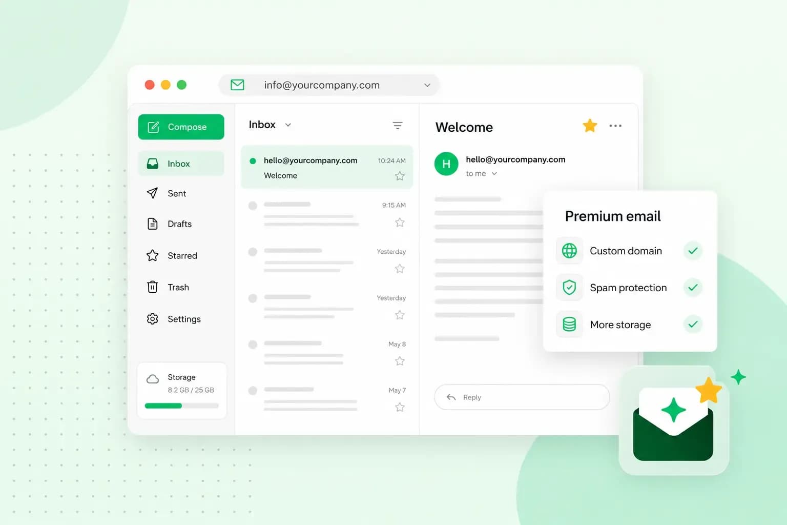 Premium email interface showing a custom domain inbox, spam protection, extra storage, and professional email features.