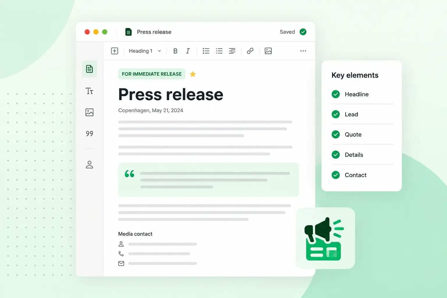 Illustration of a press release editor with headline, quote, contact details, and a checklist of key press release elements.