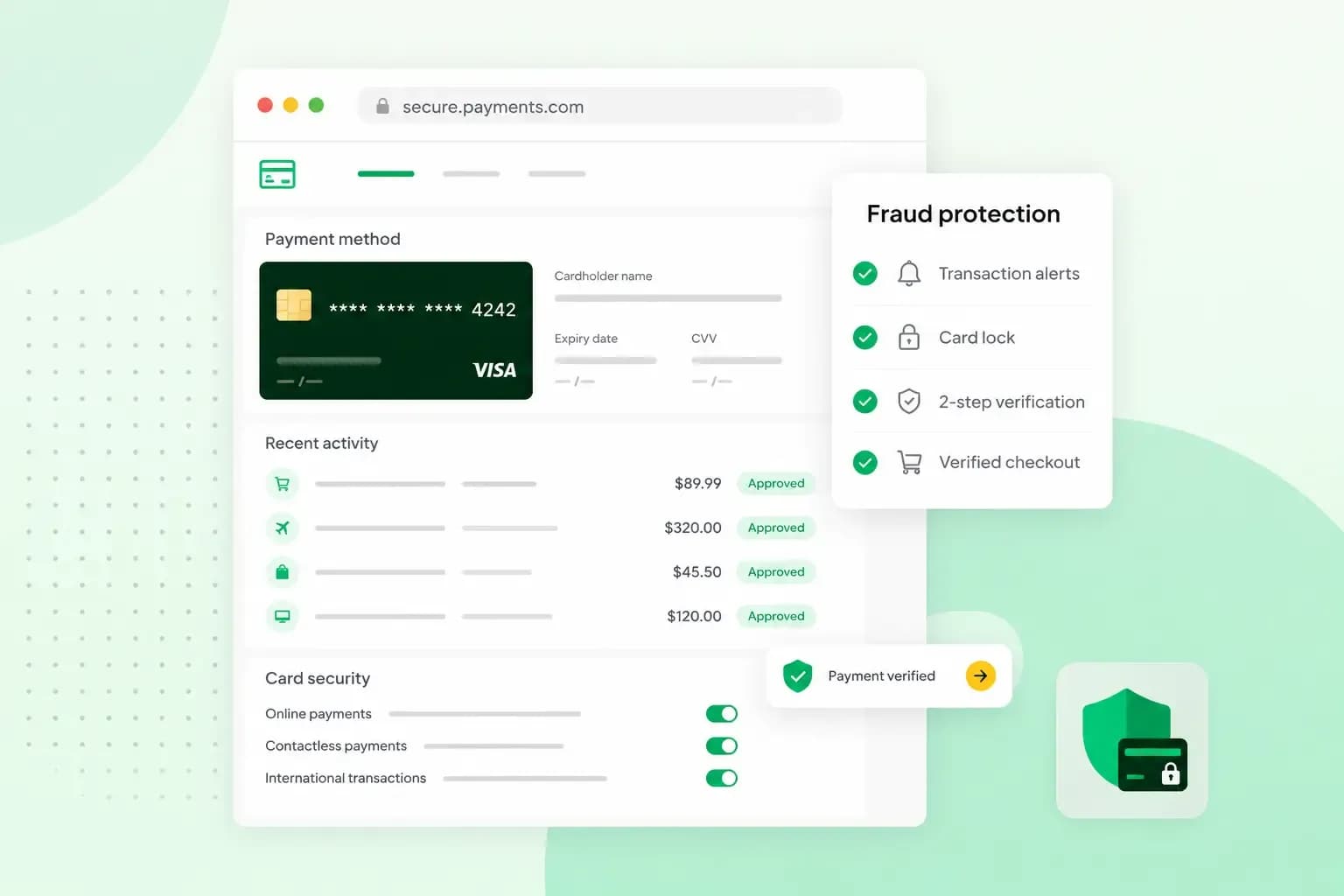 llustration of a secure payment dashboard with credit card fraud protection features, including transaction alerts, card lock, two-step verification, and verified checkout