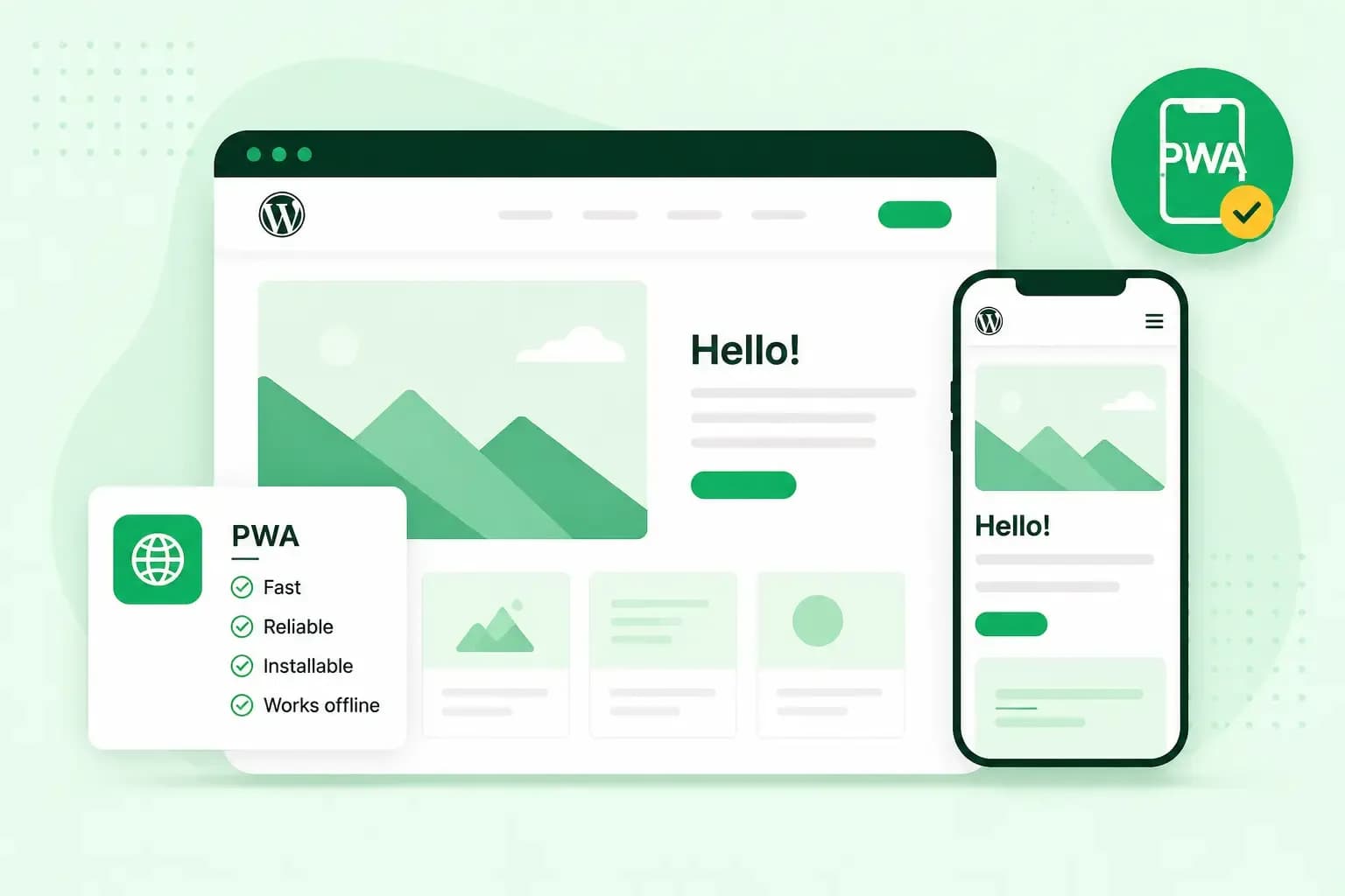 Illustration of a WordPress website displayed on desktop and mobile with Progressive Web App features including fast, reliable, installable, and offline access.