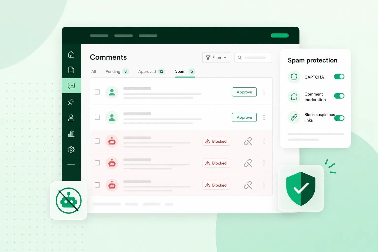 Illustration of a WordPress comments dashboard filtering spam with CAPTCHA, comment moderation, blocked suspicious links, and security shield icons.