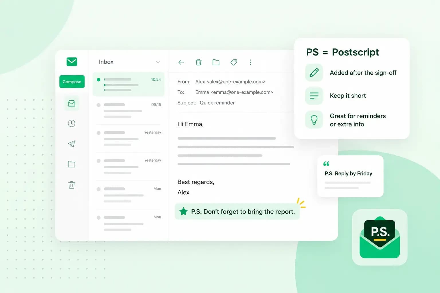 Email interface showing a P.S. message after the sign-off, with tips explaining what postscript means and how to use it.