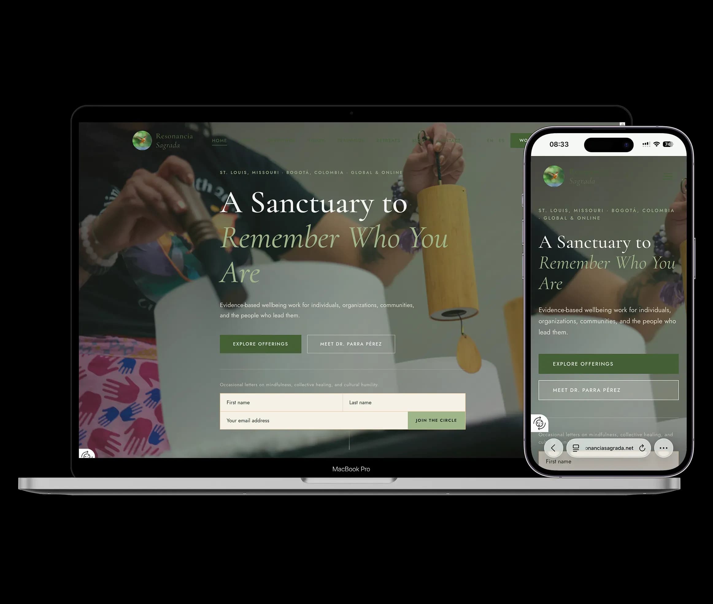 Resonancia Sagradas website on desktop and mobile