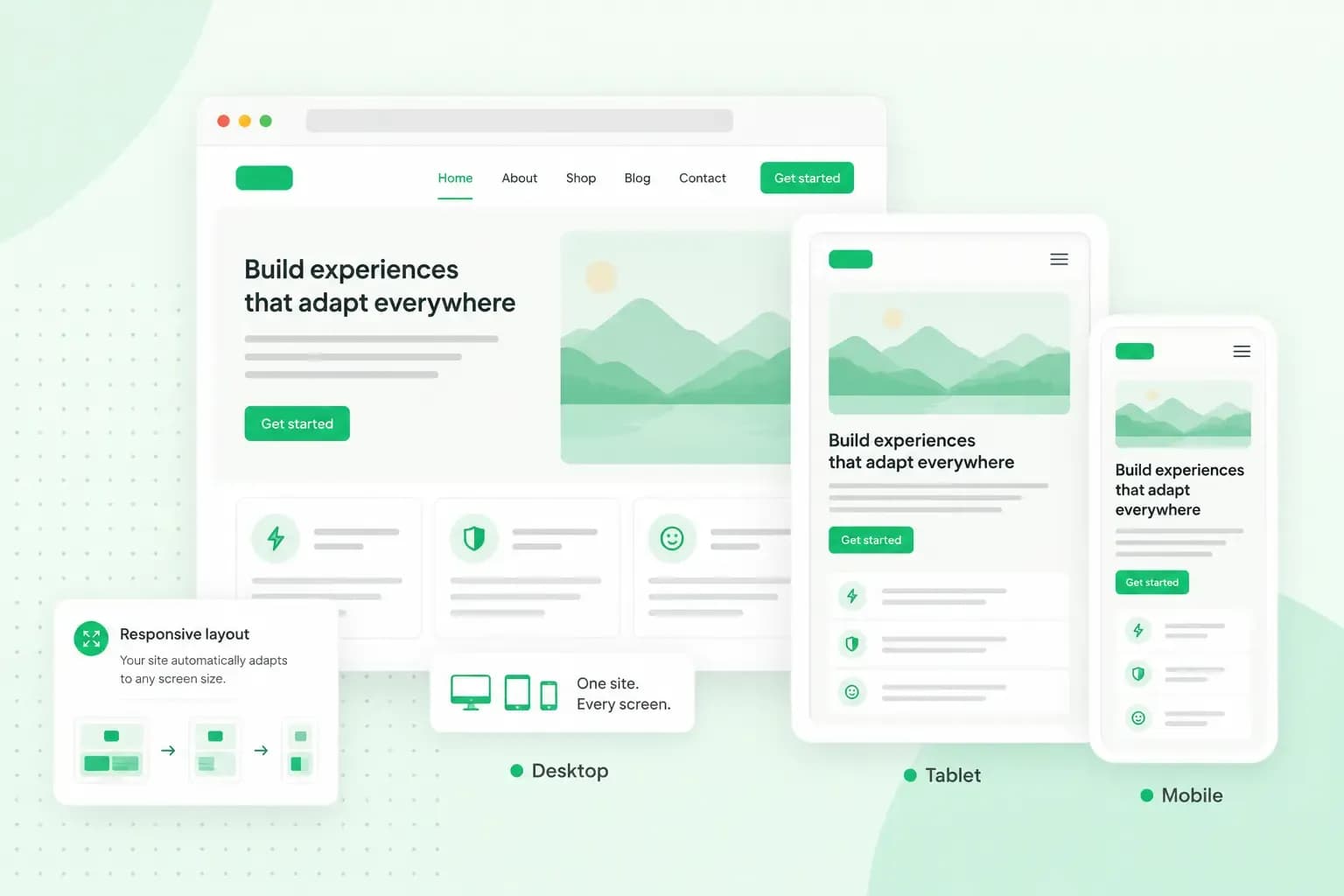 Responsive website layout shown across desktop, tablet, and mobile screens.