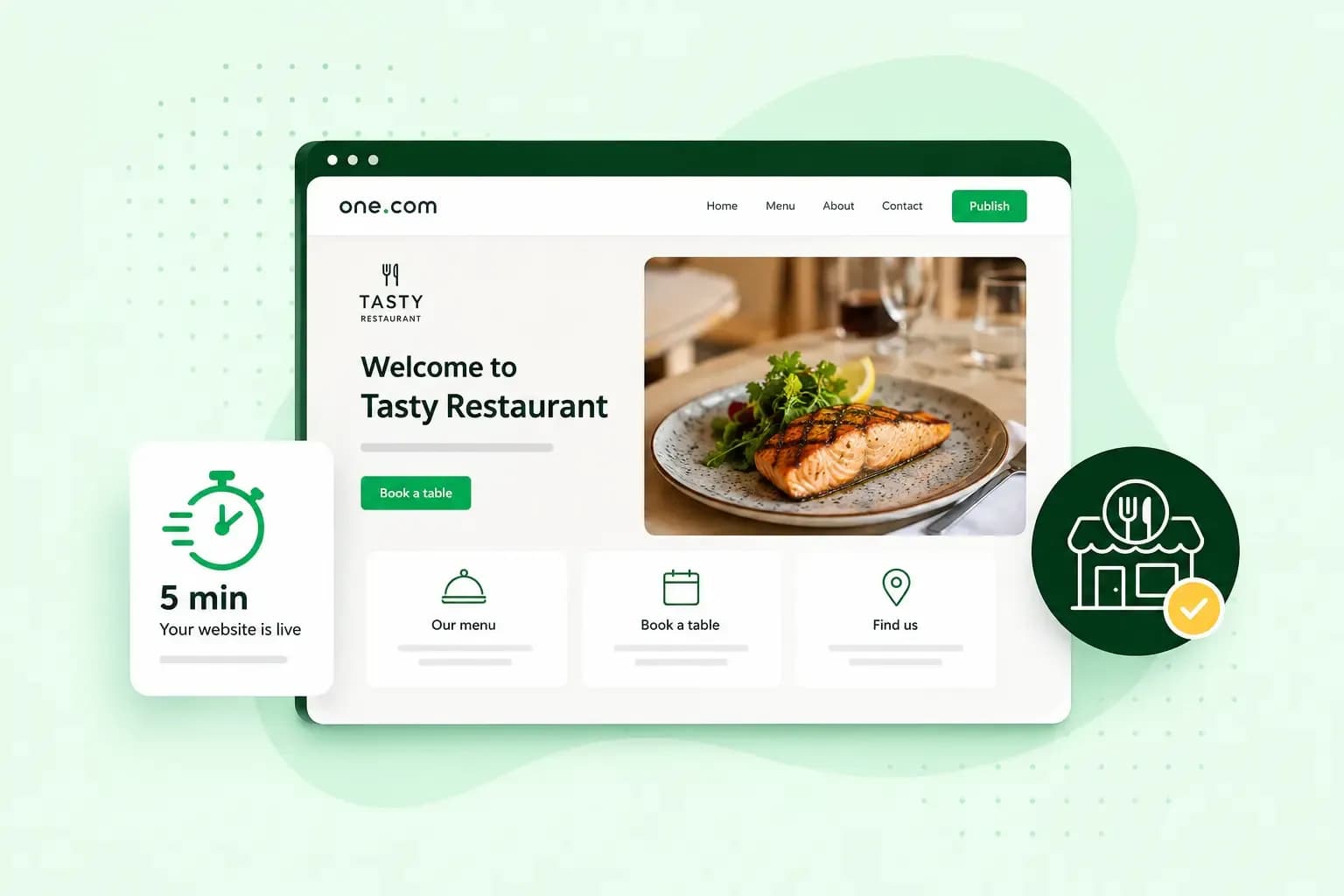 Restaurant website builder mockup showing a menu, table booking option, location details, and a five-minute setup badge.