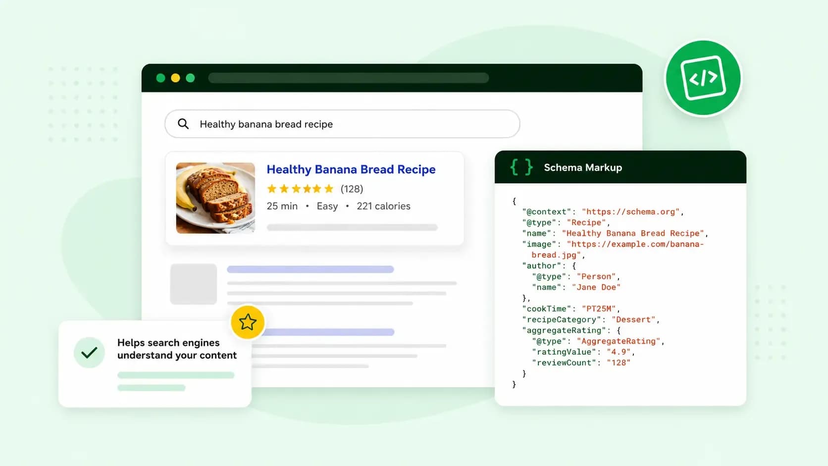Illustration of schema markup code connected to an enhanced search result for a recipe, showing how structured data helps search engines understand web content.