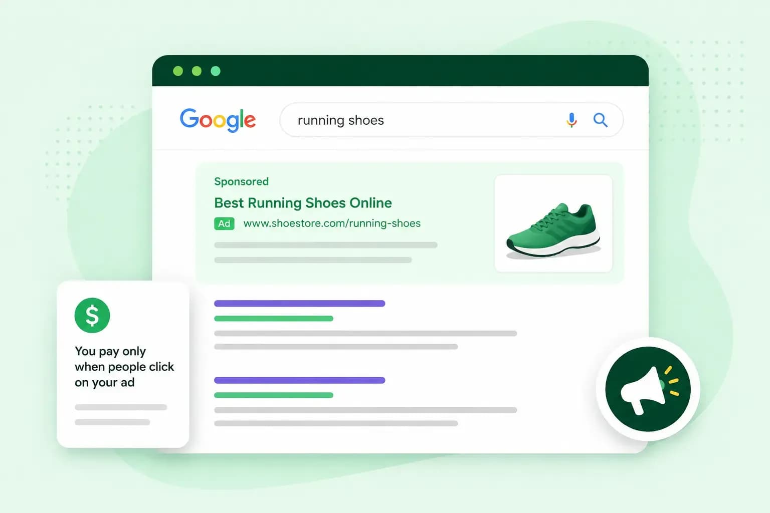 Search engine advertising illustration showing a sponsored Google search result with a pay-per-click message and advertising icon.