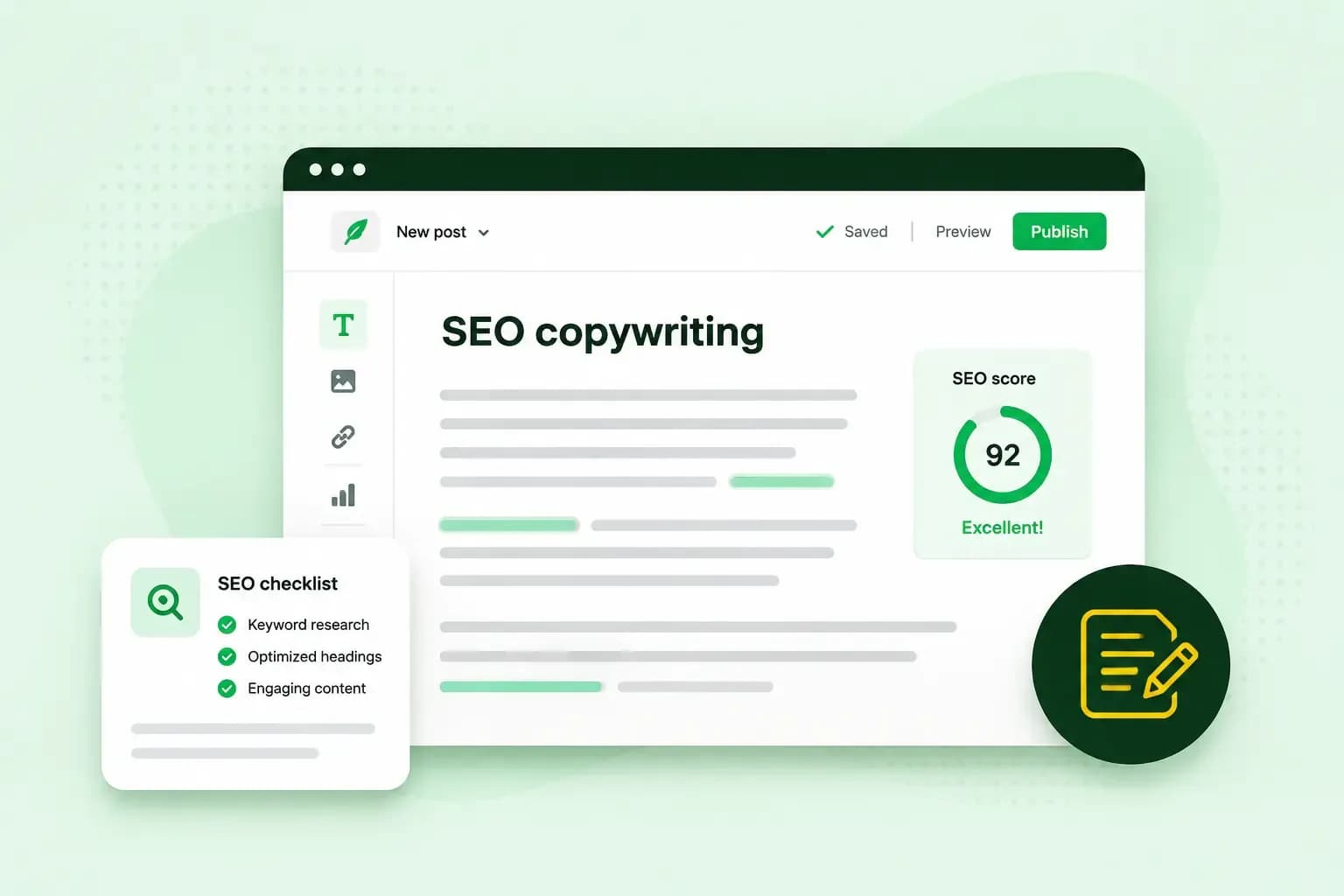 SEO copywriting editor with an SEO score, keyword checklist, and optimized content indicators.
