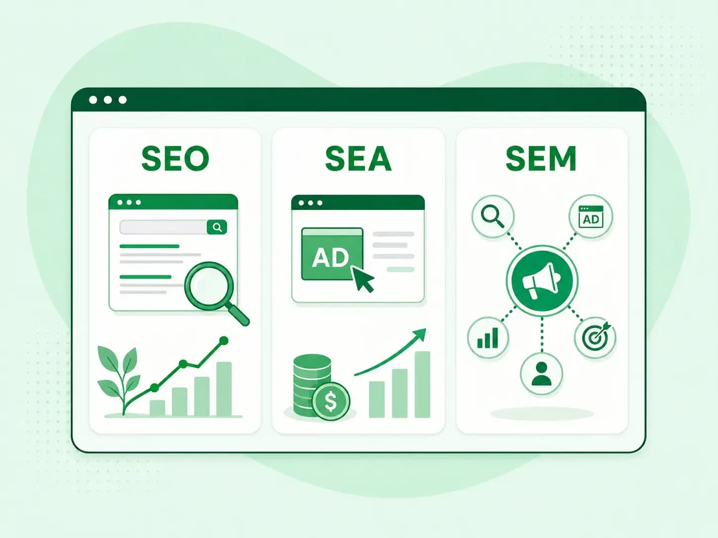 Illustration comparing SEO, SEA, and SEM with search, paid advertising, and integrated marketing icons.