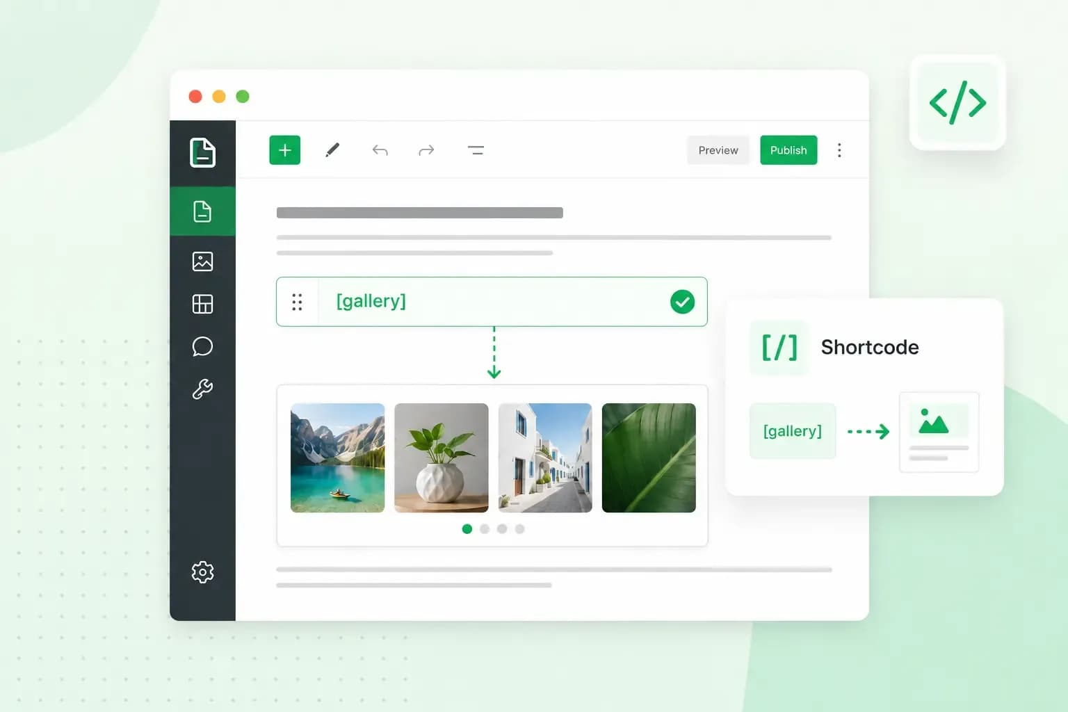 Shortcode example showing a gallery code snippet rendering an image gallery in a website editor.