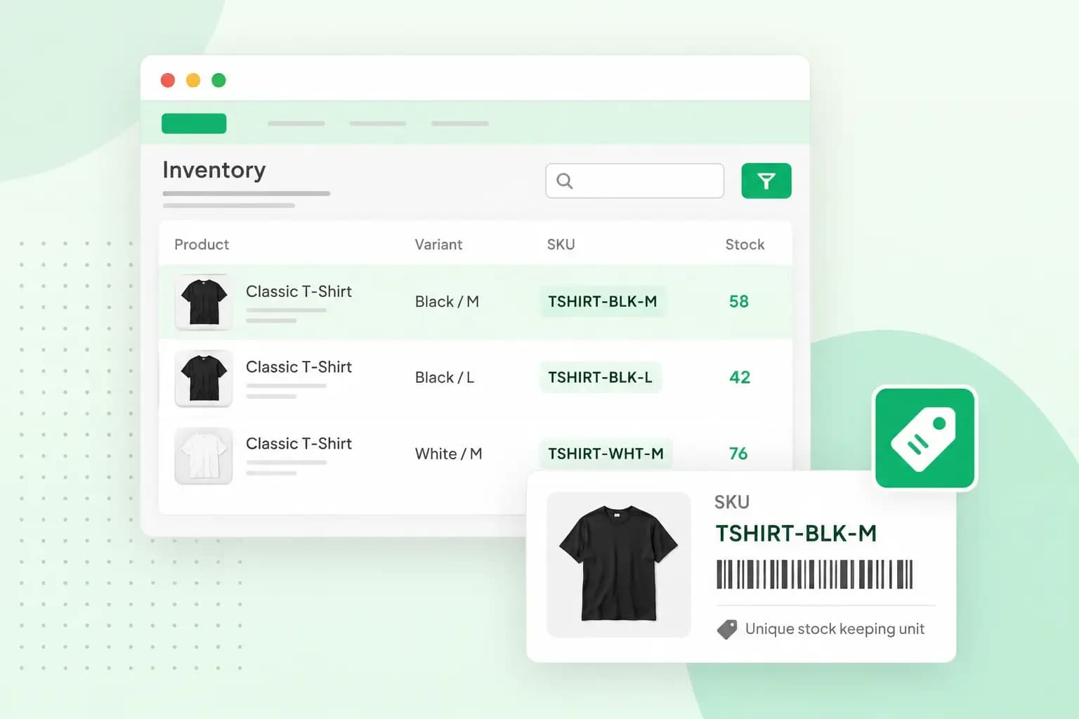 Inventory dashboard showing T-shirt variants with unique SKU codes, stock levels, and a highlighted product barcode.