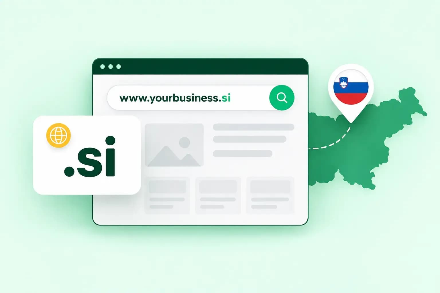 Illustration of a .si domain search with a website browser, Slovenia map, and Slovenian flag location marker.