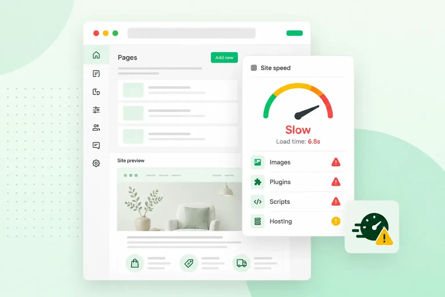 Illustration of a slow WordPress site performance dashboard with warnings for images, plugins, scripts, and hosting.