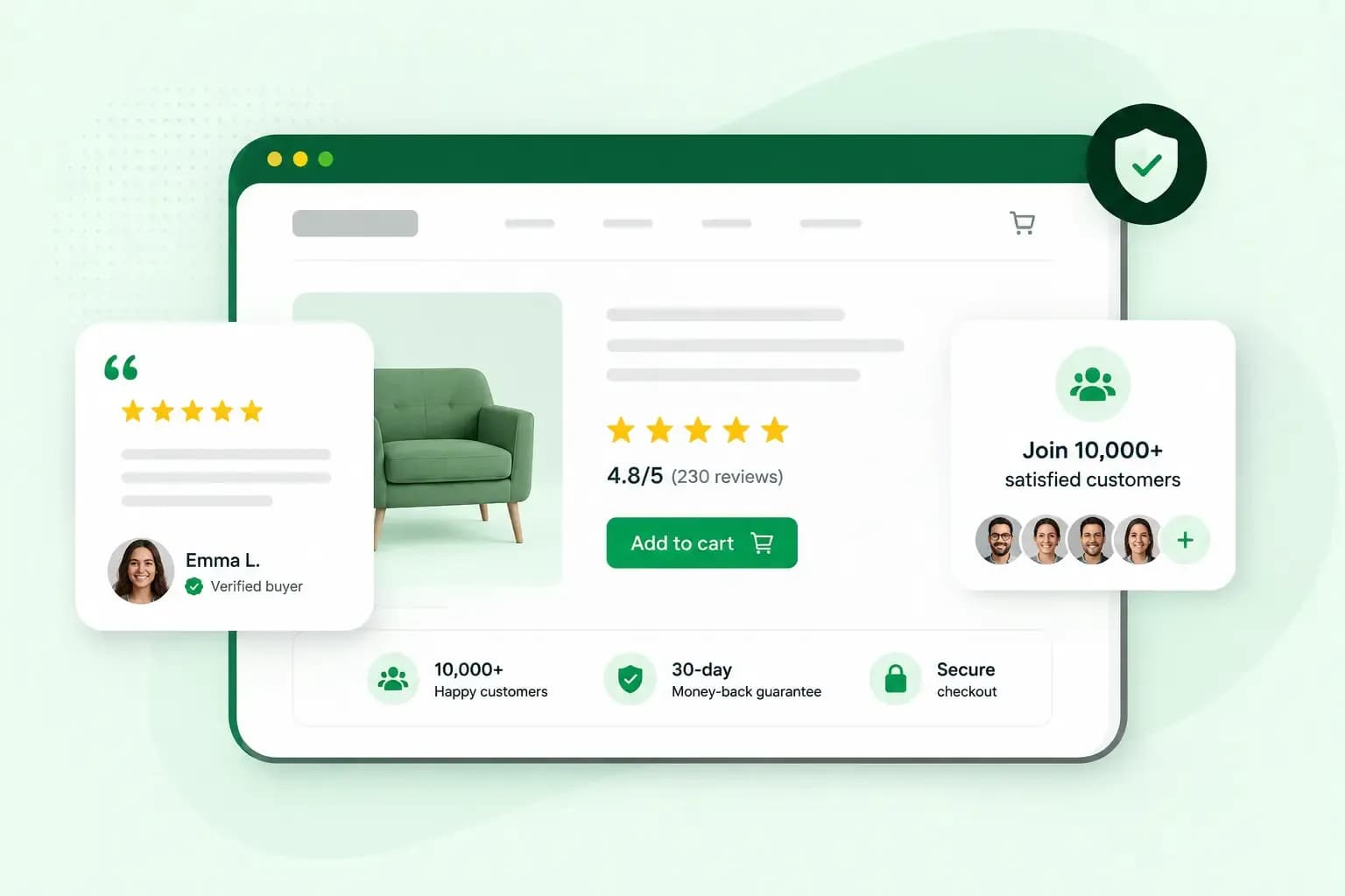 Illustration of an online shop product page showing customer reviews, star ratings, verified buyers, satisfied customer counts, and secure checkout indicators as examples of social proof.